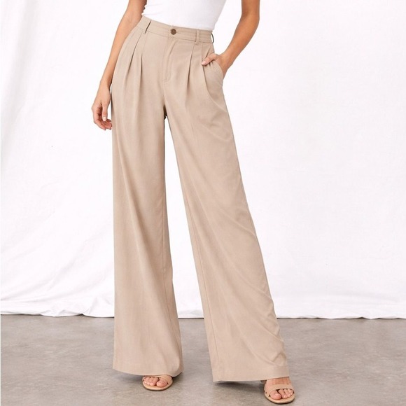 Reformation Pants - Reformation Mason Trousers Women's 4 Tan Lyocell Wide Leg High Rise Minimal Chic